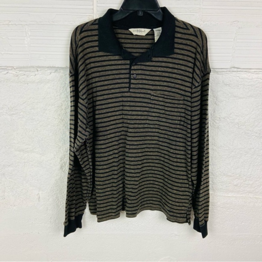 Knightsbridge Classic Black and Brown Striped knit collar Long Sleeve Shirt SZ L
